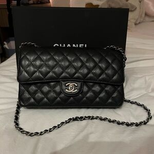 Chanel Black Quilted Medium Classic Double Flap Bag, Silver hardware